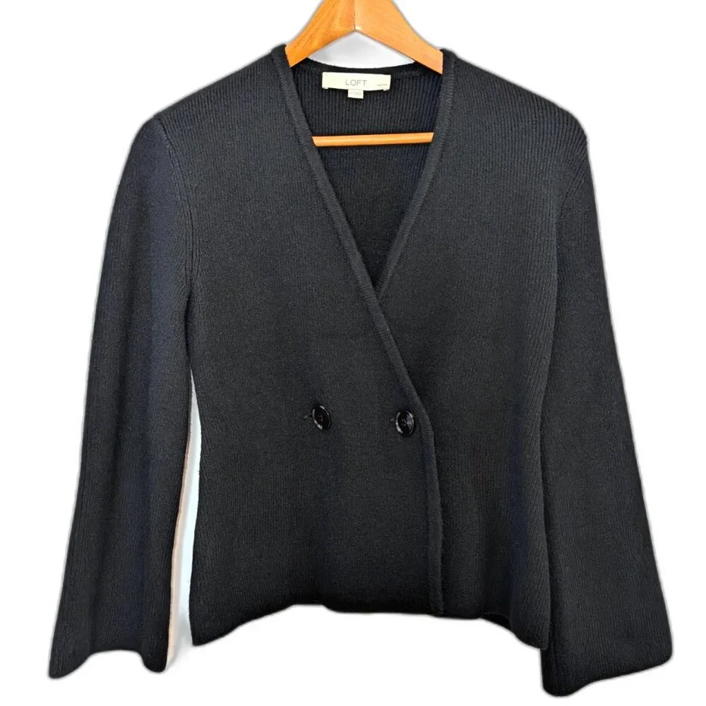 LOFT | 2025 Ribbed Double Button Sweater Jacket in Black | Size Small Petite